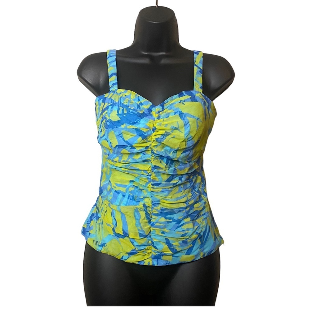 Andre Oliver Sleeveless Silk blend Green Blue abstract print Sexy Y2K Blouse